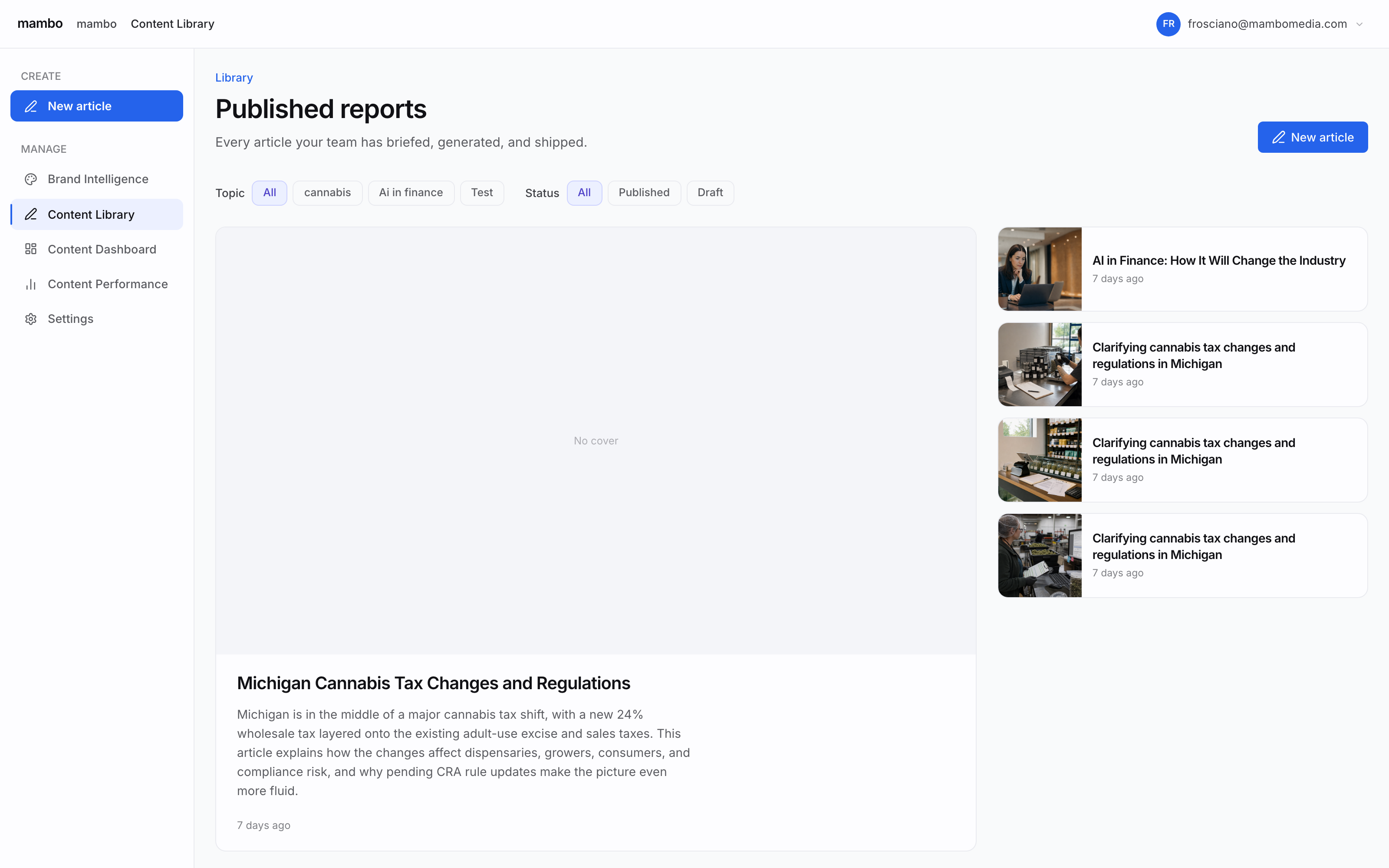 Content Library page listing published articles with topic and status filters, including cover-image thumbnails for AI-in-finance and cannabis-tax articles and a full article preview panel below