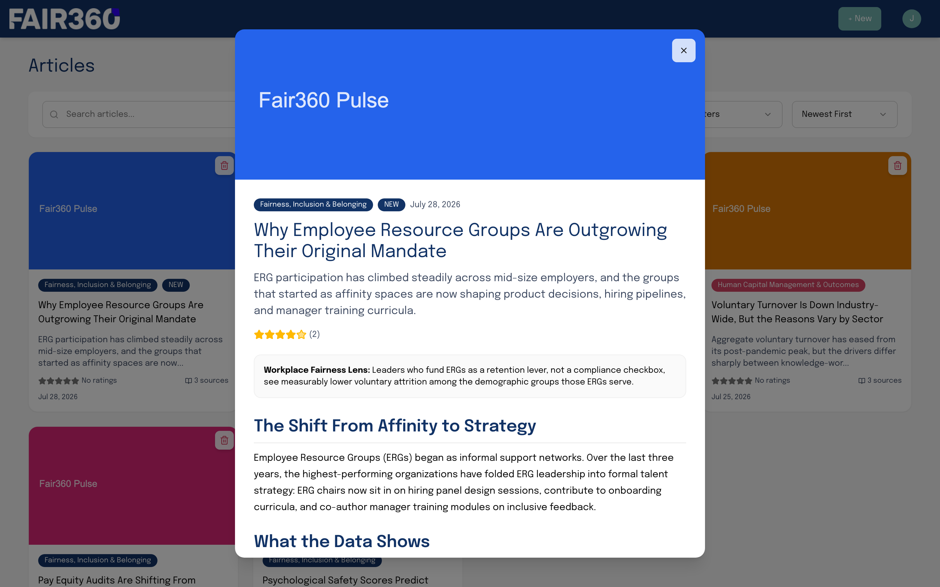 Article detail overlay showing a generated article with its star rating, workplace fairness lens callout and body sections