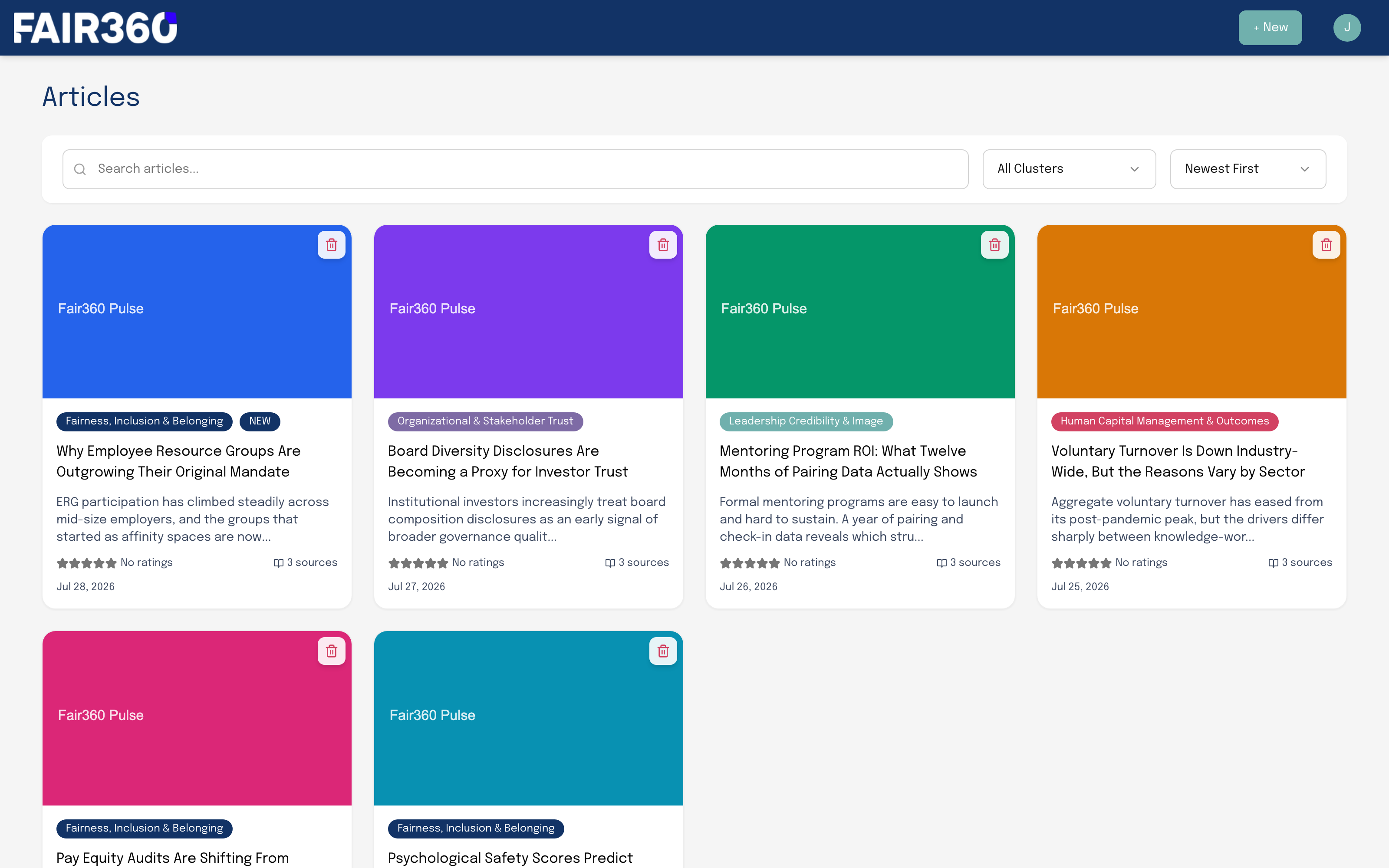 Fair360 Pulse article library showing generated articles as colour-coded cards with cluster tags, ratings and source counts