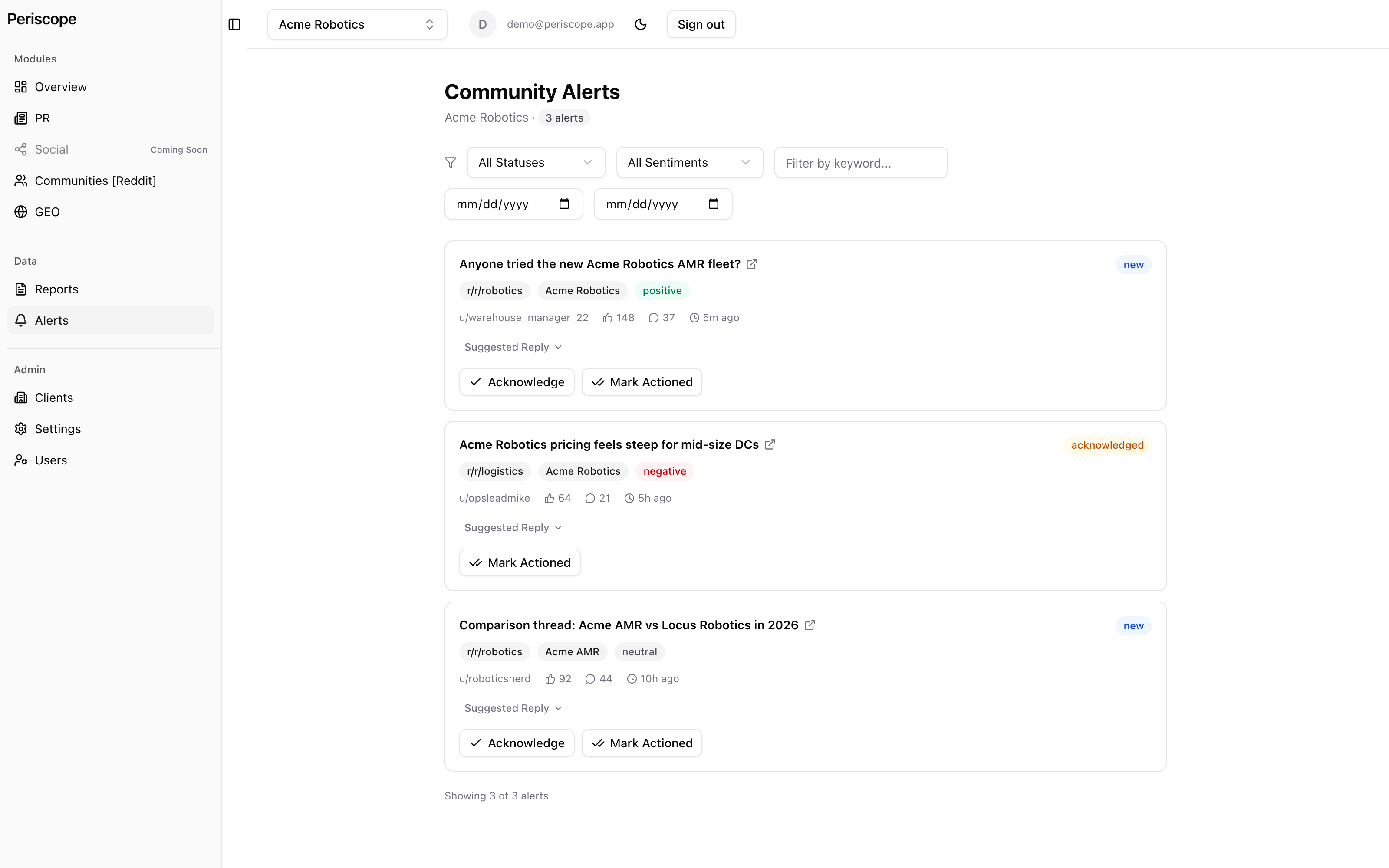 Community Alerts list showing three Reddit posts about Acme Robotics with subreddit, sentiment tag, upvotes, comment count, a suggested-reply option, and Acknowledge/Mark Actioned buttons