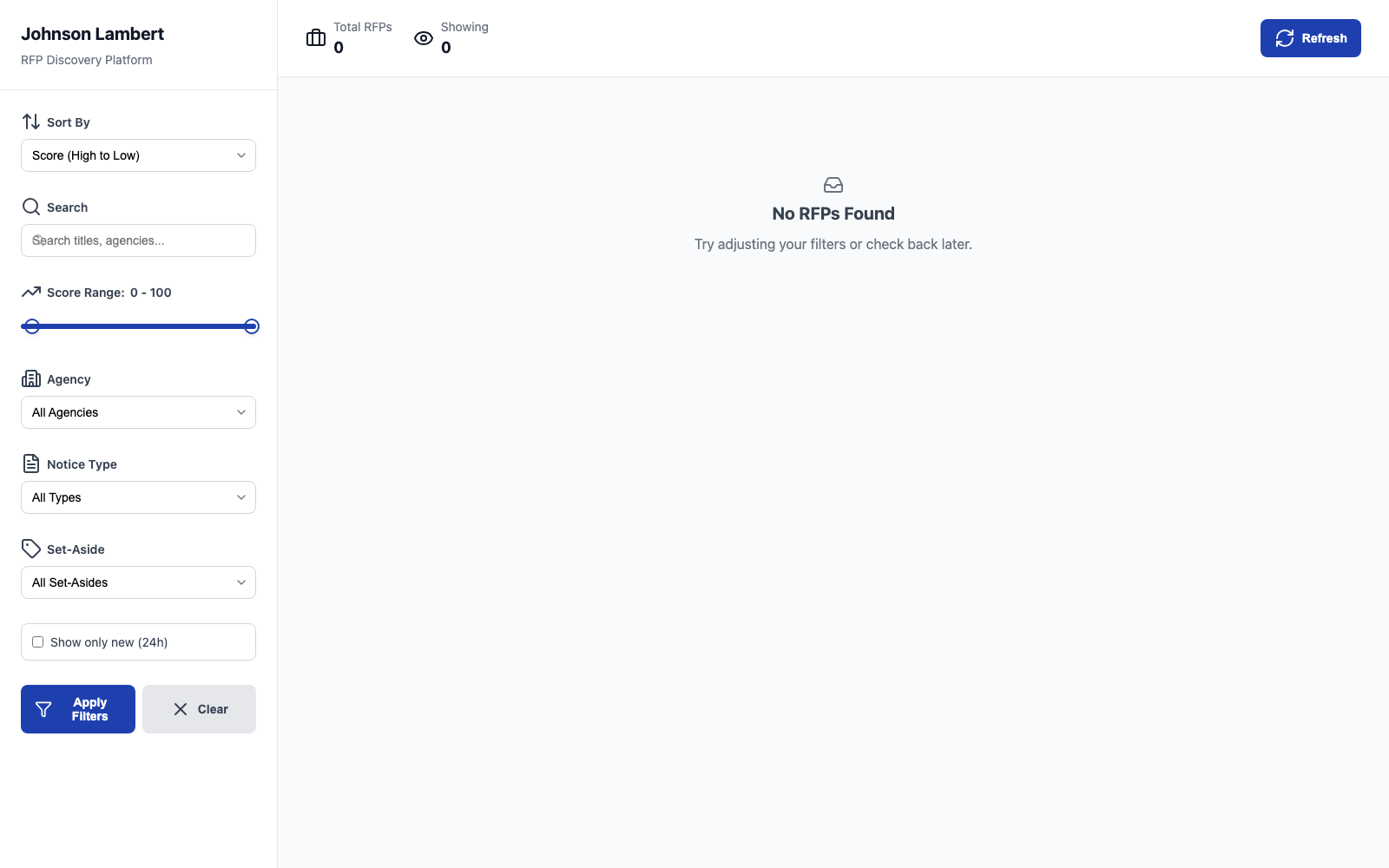 Johnson Lambert RFP Discovery Platform: a filter sidebar for sort order, keyword search, score range, agency, notice type and set-aside, beside a board showing total and visible RFP counts with a no-results empty state